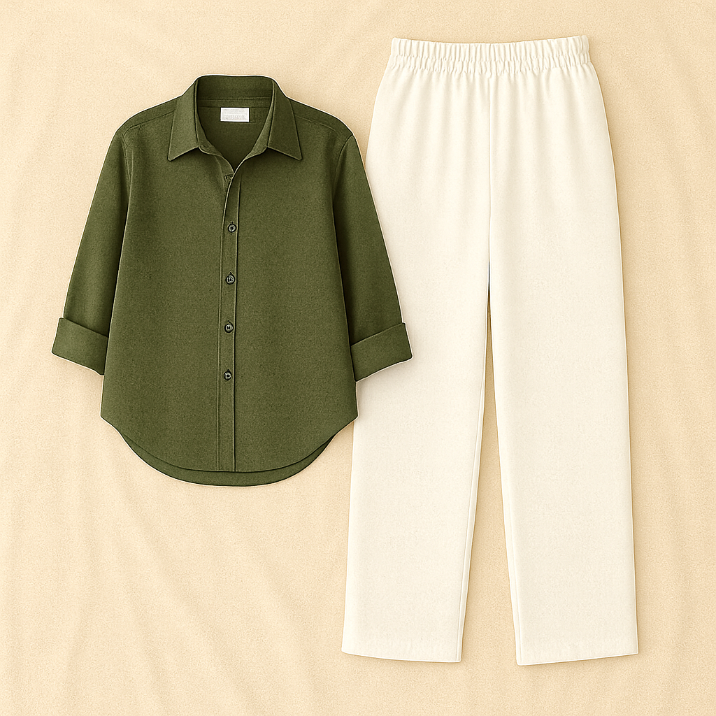 Olive Linen Shirt And White Linen Trouser