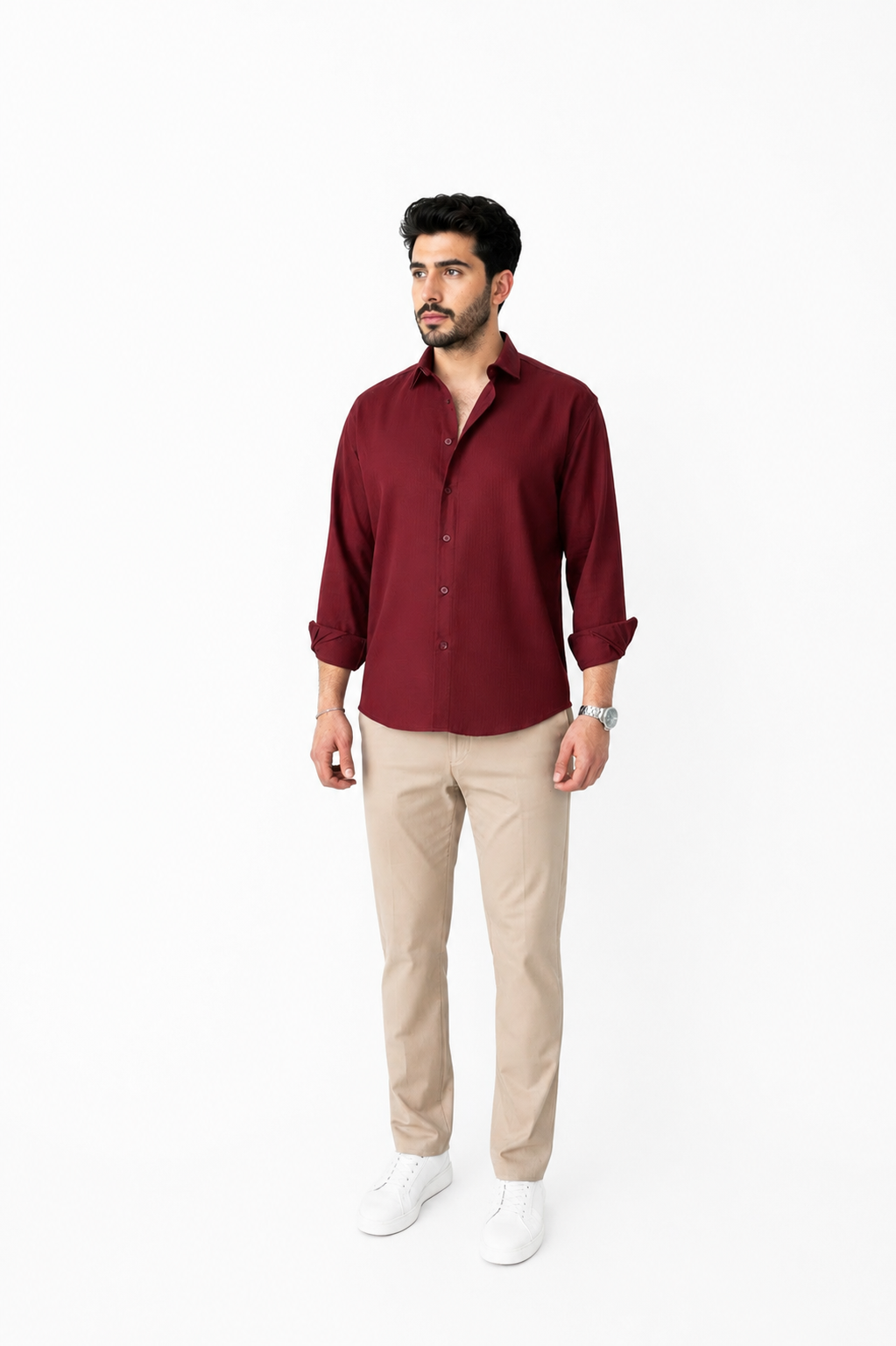 Maroon Linen Shirt And Beige Linen Trouser