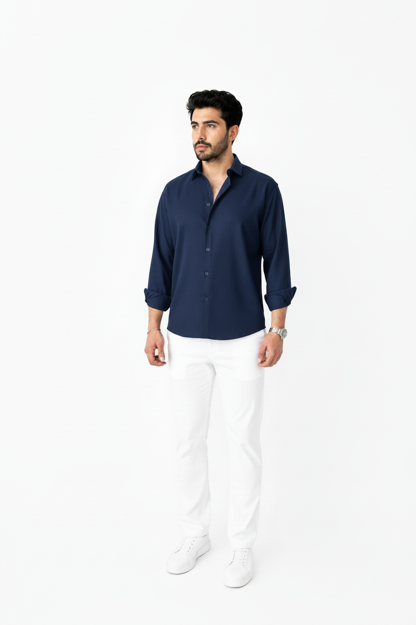 Navy Linen Shirt And White Linen Trouser