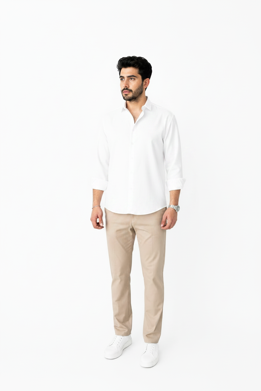 White Linen Shirt And Beige Linen Trouser