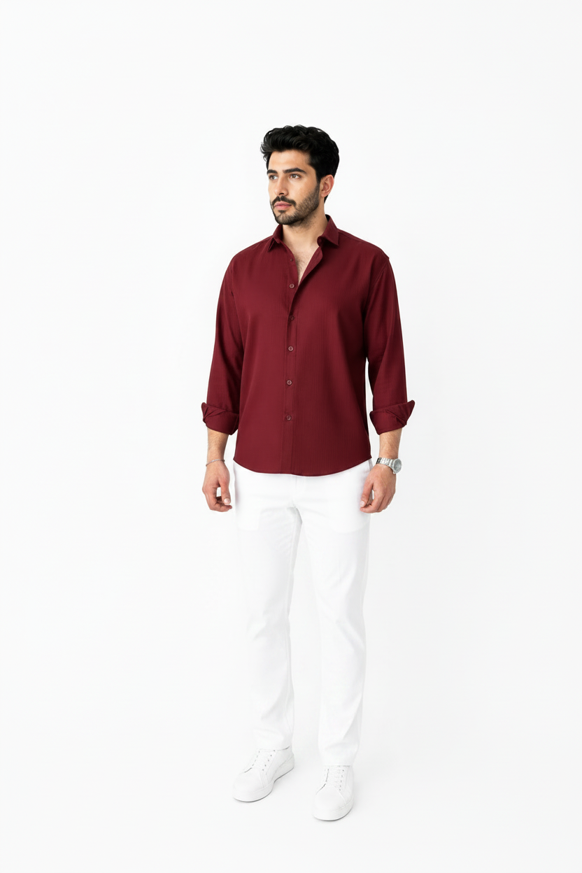 Maroon Linen Shirt And White Linen Trouser