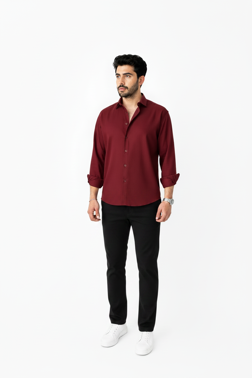 Maroon Linen Shirt And Black Linen Trouser