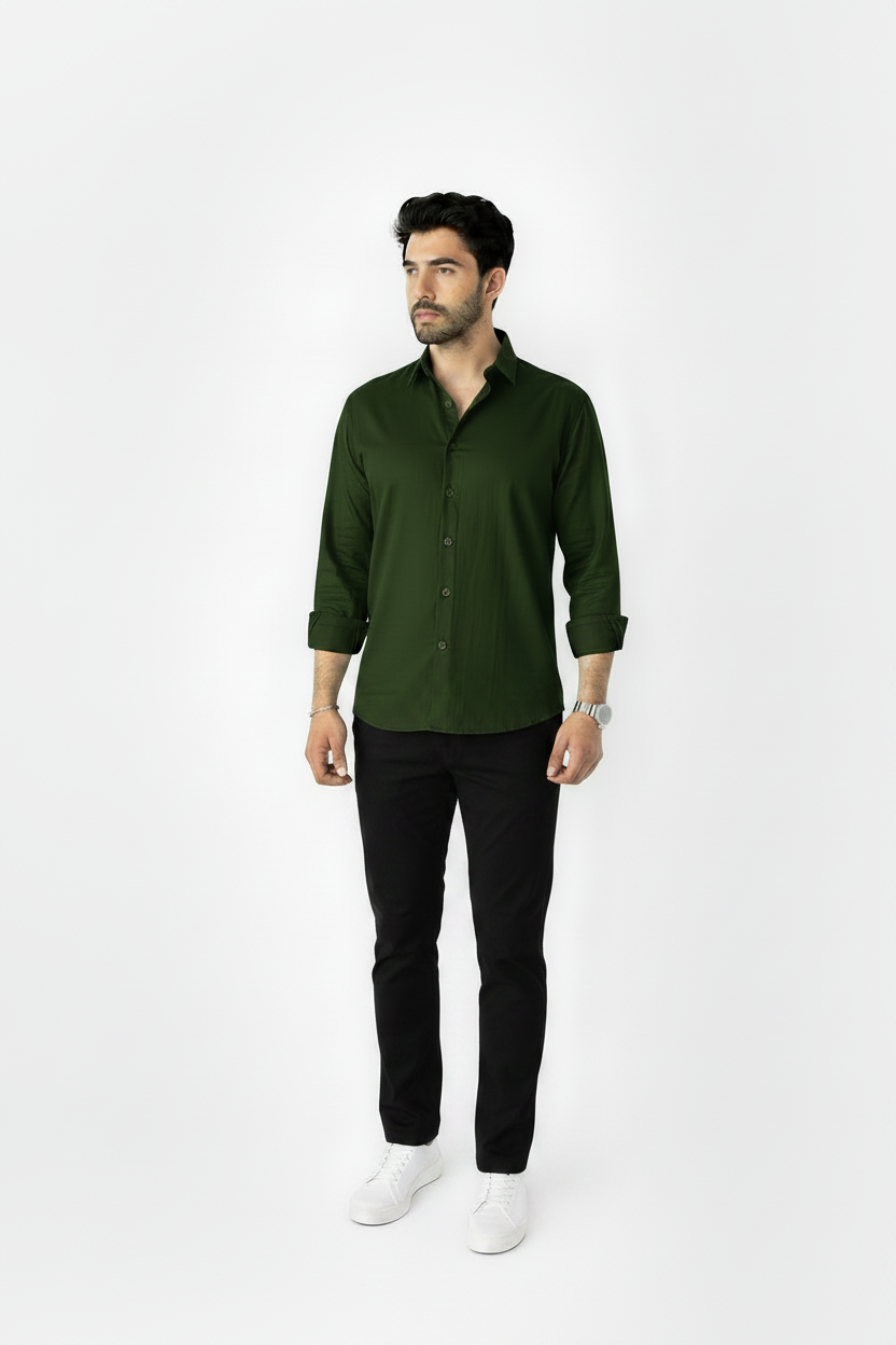 Dark Green Linen Shirt And Black Linen Trouser