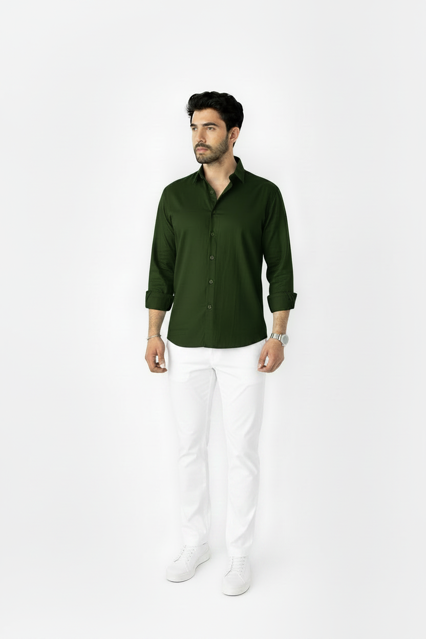 Dark Green Linen Shirt And White Linen Trouser