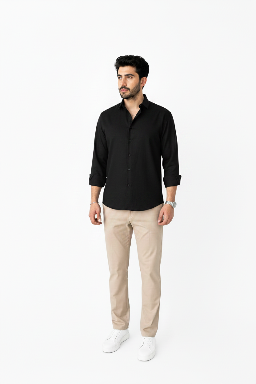 Black Linen Shirt And Beige Linen Trouser