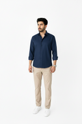 Navy Linen Shirt And Beige Linen Trouser
