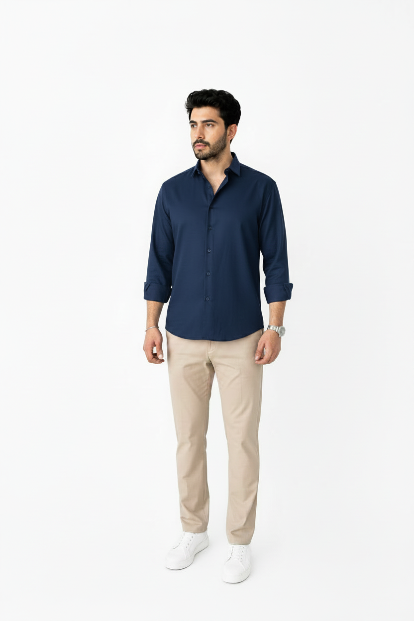 Navy Linen Shirt And Beige Linen Trouser