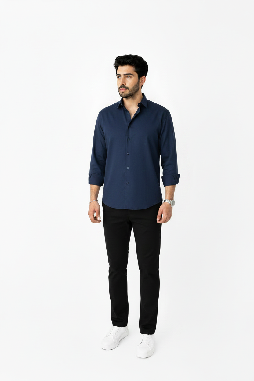 Navy Linen Shirt And Black Linen Trouser