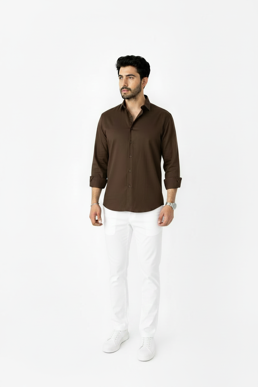 Brown Linen Shirt And White Linen Trouser