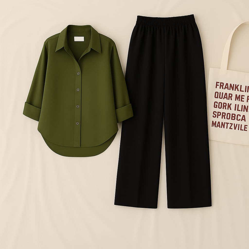 Olive Linen Shirt And Black Linen Trouser