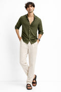 Olive Linen Shirt And White Linen Trouser