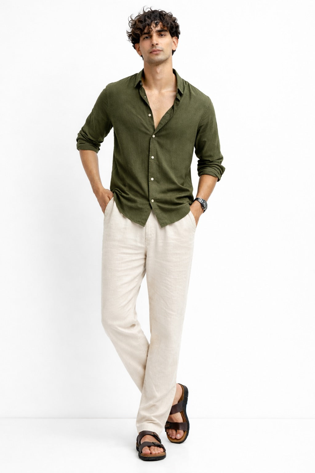 Olive Linen Shirt And White Linen Trouser