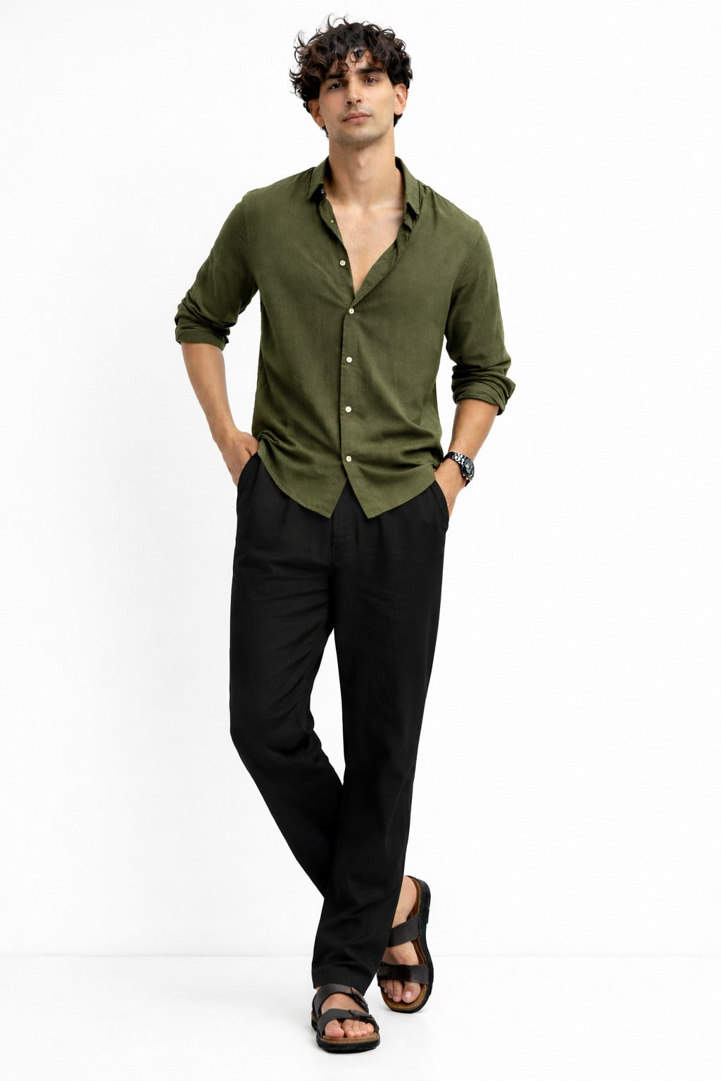 Olive Linen Shirt And Black Linen Trouser